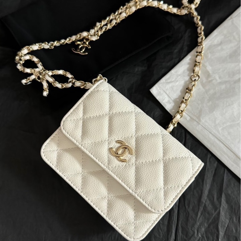 Chanel香奈兒蝴蝶結 鏈條腰包 白色 金釦-2