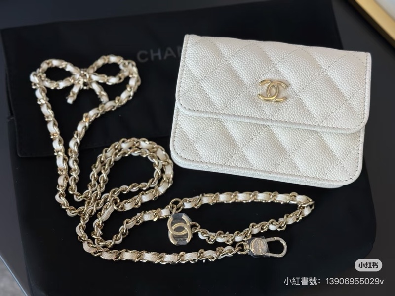 Chanel香奈兒蝴蝶結 鏈條腰包 白色 金釦-3