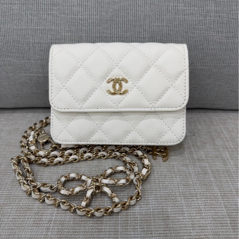 Chanel香奈兒蝴蝶結 鏈條腰包 白色 金釦-4