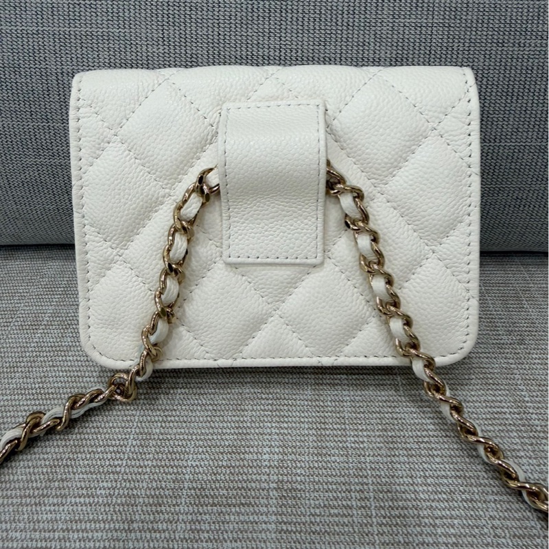 Chanel香奈兒蝴蝶結 鏈條腰包 白色 金釦-5