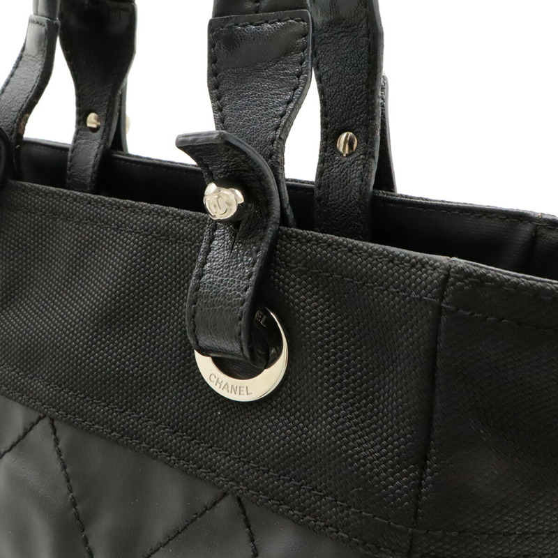 香奈兒巴黎比亞里茨手提包 PM 單肩包 塗佈帆布皮革 黑色 A34208-7