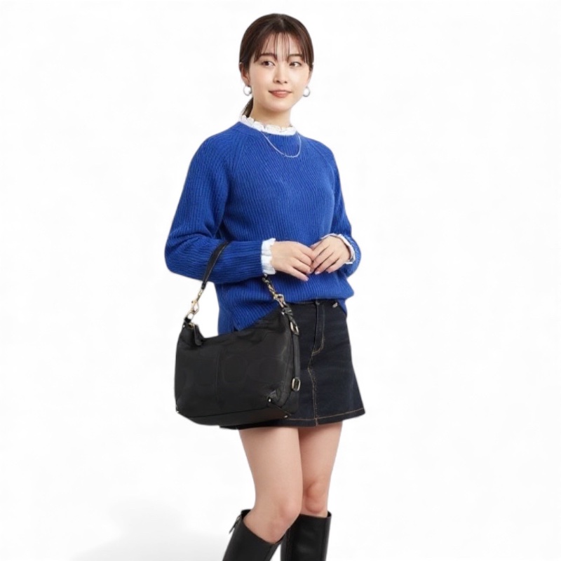 Coach 經典黑色 C Logo 緹花織布皮革肩背 Hobo 包(附購證、保卡)-2