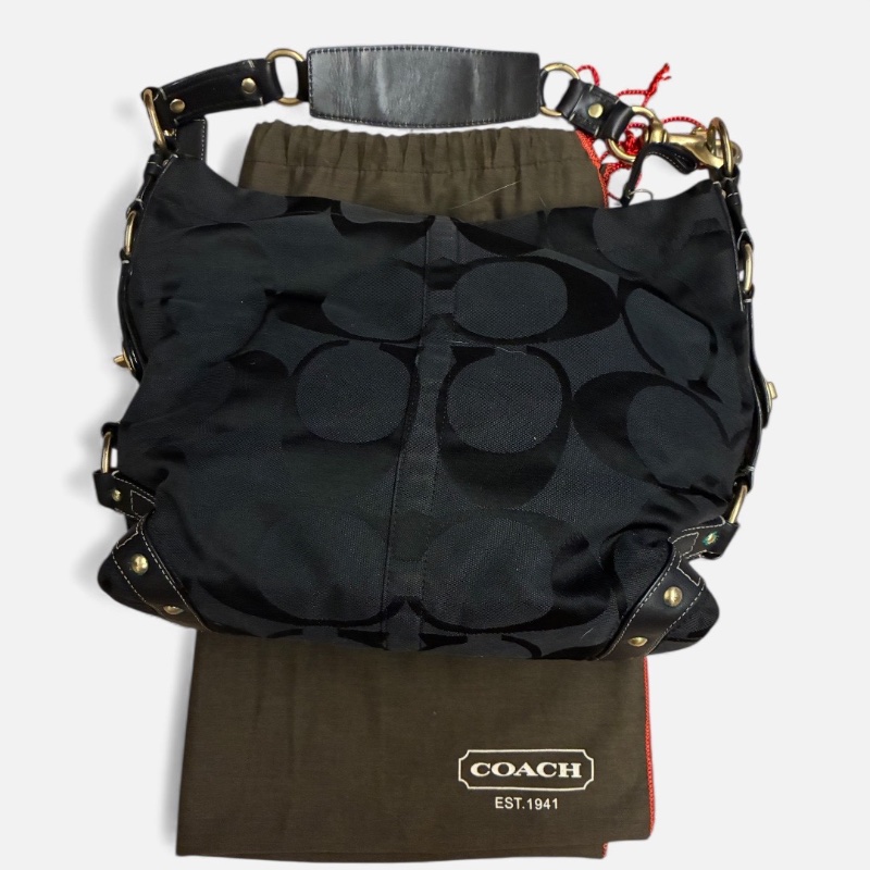 Coach 經典黑色 C Logo 緹花織布皮革肩背 Hobo 包(附購證、保卡)-5