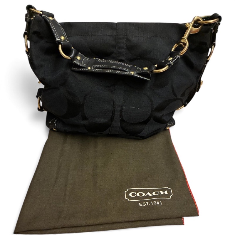 Coach 經典黑色 C Logo 緹花織布皮革肩背 Hobo 包(附購證、保卡)-6