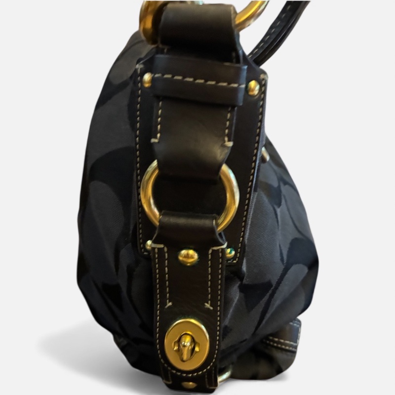 Coach 經典黑色 C Logo 緹花織布皮革肩背 Hobo 包(附購證、保卡)-11