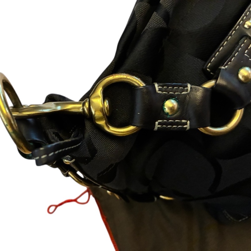 Coach 經典黑色 C Logo 緹花織布皮革肩背 Hobo 包(附購證、保卡)-14