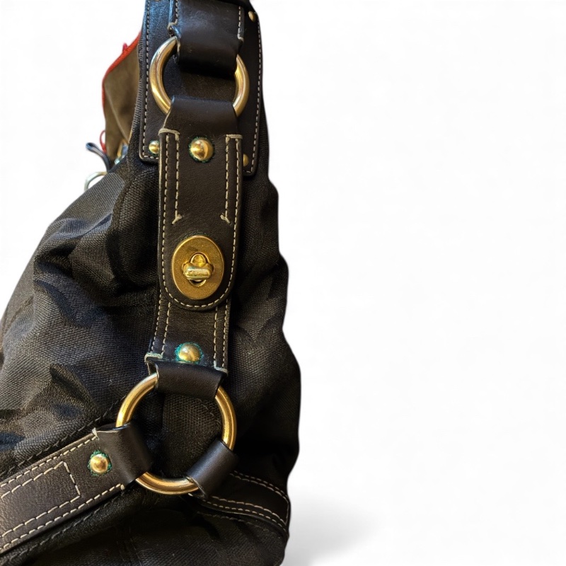 Coach 經典黑色 C Logo 緹花織布皮革肩背 Hobo 包(附購證、保卡)-15