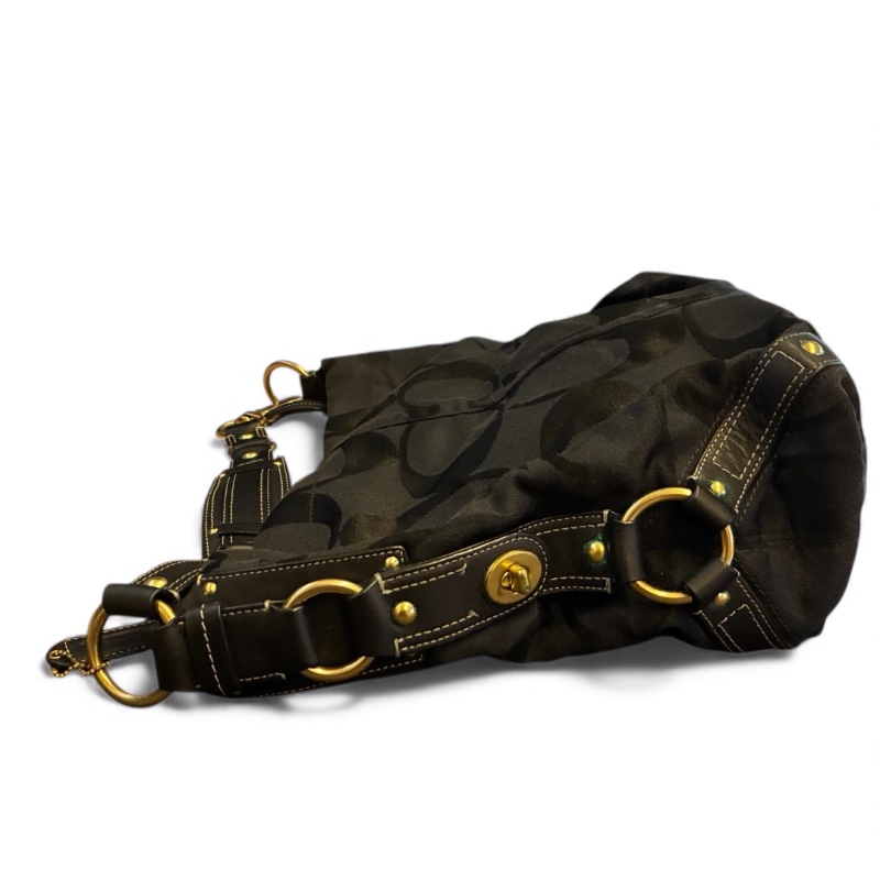 Coach 經典黑色 C Logo 緹花織布皮革肩背 Hobo 包(附購證、保卡)-16