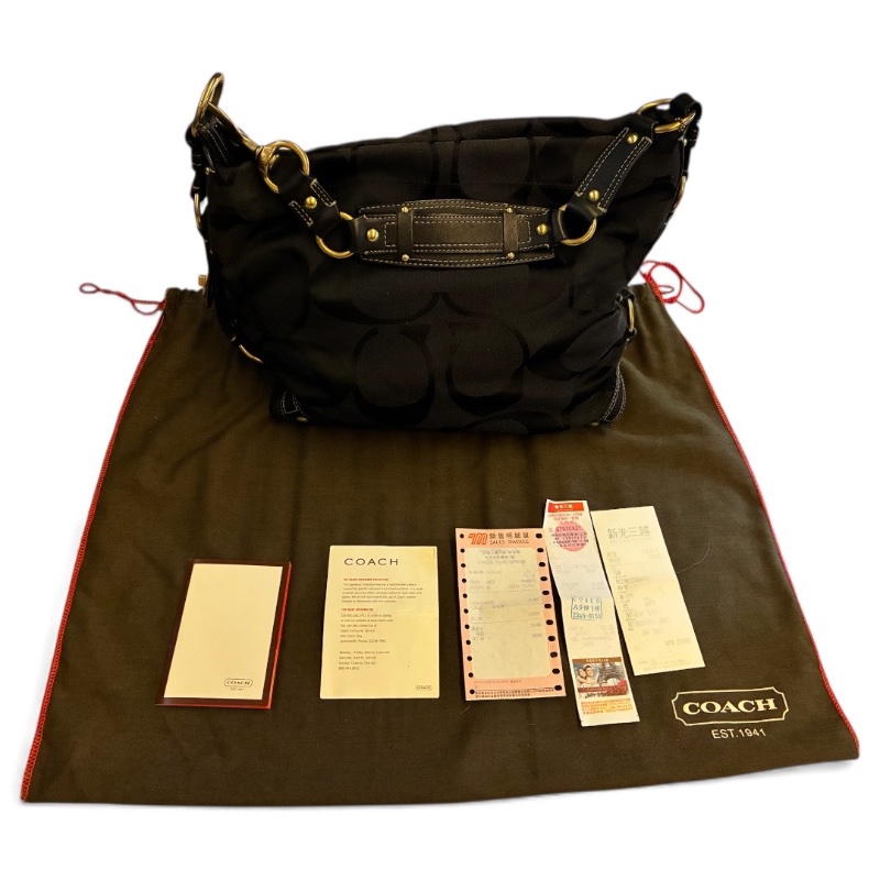 Coach 經典黑色 C Logo 緹花織布皮革肩背 Hobo 包(附購證、保卡)-24