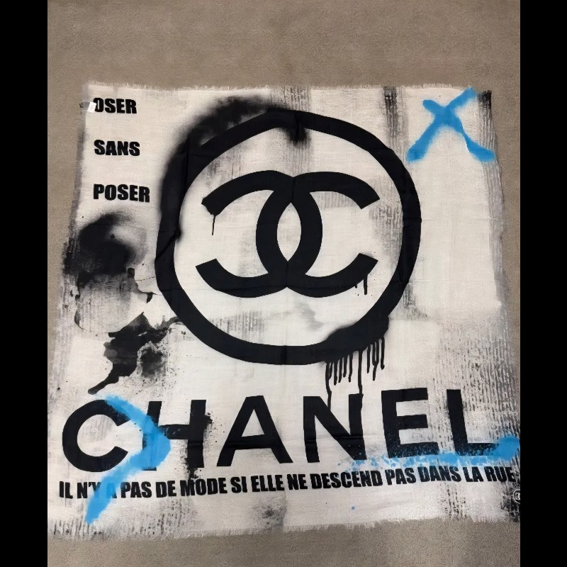 chanel 超獨特款式 超美塗鴉圍巾 100%羊絨 美爆 義大利製-0
