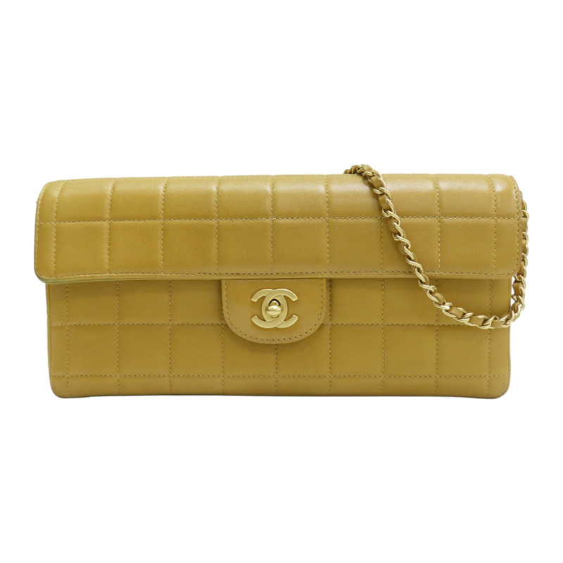 米色 格紋 牛皮 East West Chocolate Bar 鍊帶 肩背包【CHANEL 香奈兒】 A15316-0