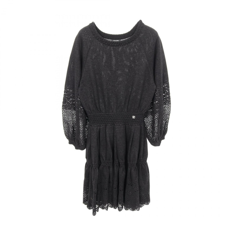 香奈兒 COCO 標誌紐帶連身裙,灰色黏膠纖維材質,二手女裝 #36-0