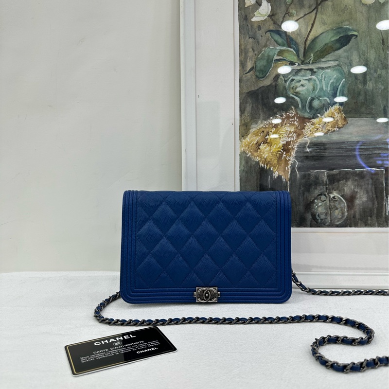 CHANEL香奈兒 Leboy woc鏈條錢包 藍色金扣 23開 尺寸:19*12.5*5-0