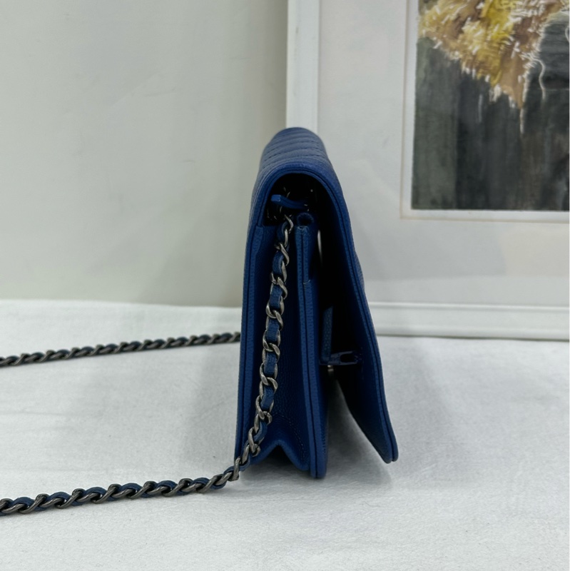 CHANEL香奈兒 Leboy woc鏈條錢包 藍色金扣 23開 尺寸:19*12.5*5-3