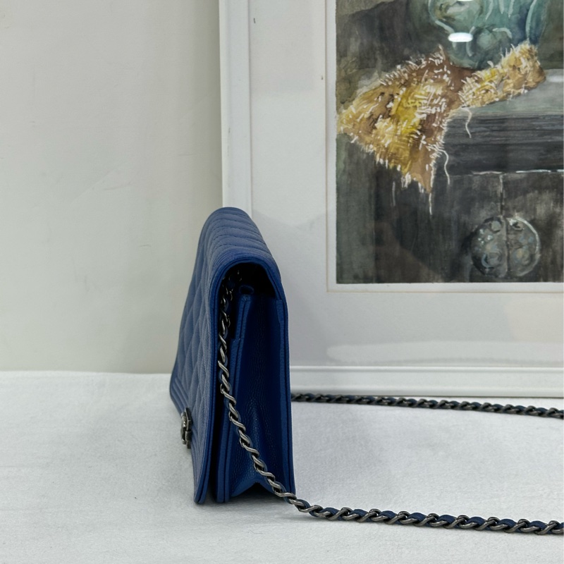 CHANEL香奈兒 Leboy woc鏈條錢包 藍色金扣 23開 尺寸:19*12.5*5-4