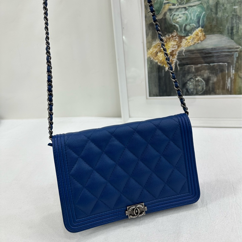 CHANEL香奈兒 Leboy woc鏈條錢包 藍色金扣 23開 尺寸:19*12.5*5-6