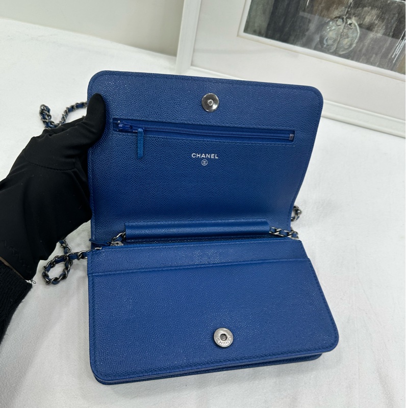 CHANEL香奈兒 Leboy woc鏈條錢包 藍色金扣 23開 尺寸:19*12.5*5-7