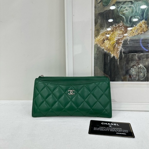 Chanel/香奈兒 28開 菱格飽滿綠色拉鍊卡包錢包