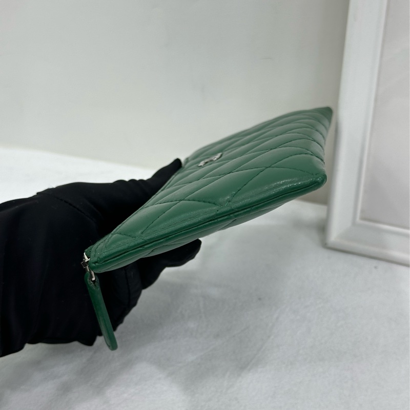 Chanel/香奈兒 28開 菱格飽滿綠色拉鍊卡包錢包-4