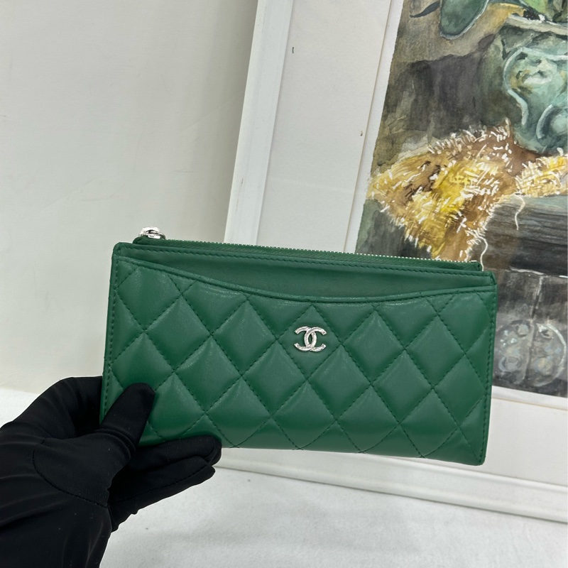Chanel/香奈兒 28開 菱格飽滿綠色拉鍊卡包錢包-5