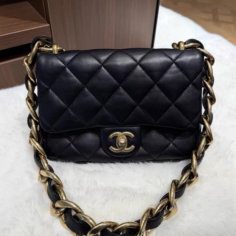 Chanel香奈兒芯片黑金粗鏈方胖子單肩包