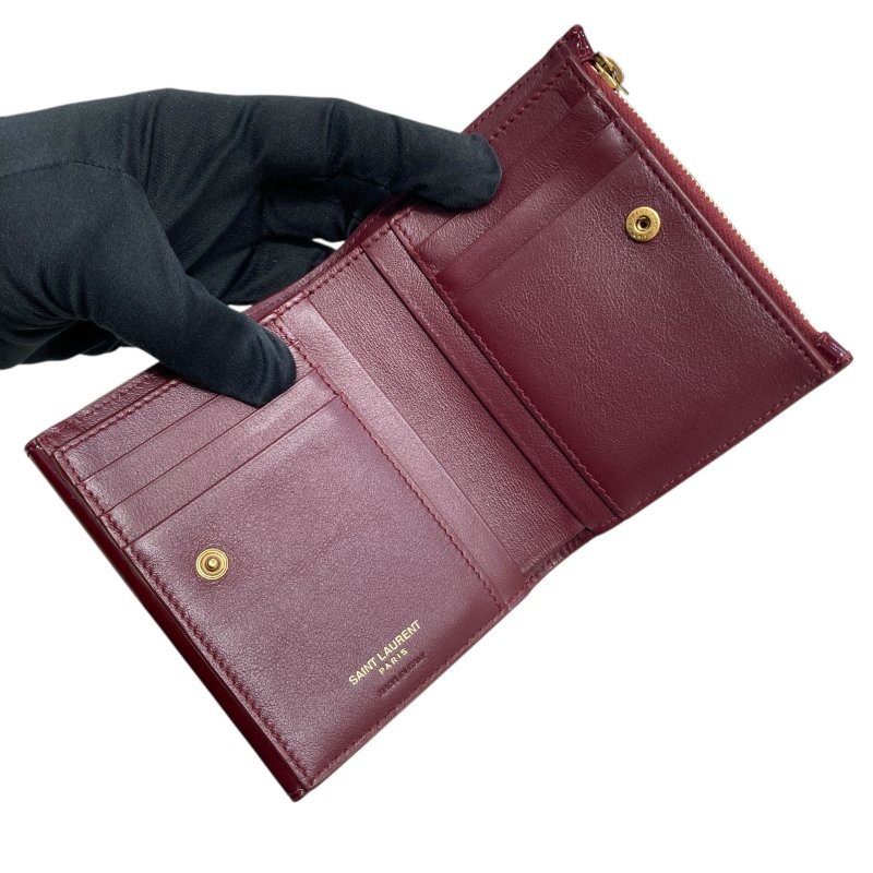 SAINT LAURENT 聖羅蘭 中/短夾 漆皮 勃根地紅-6