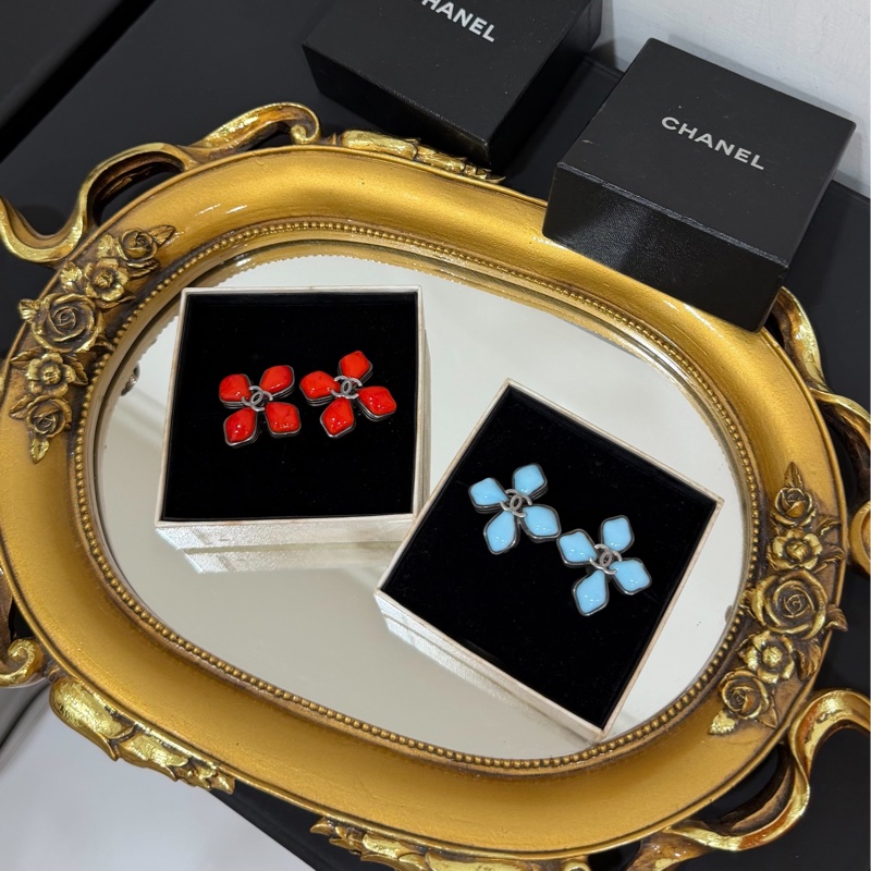chanel vintage 紅琉璃 藍琉璃 四葉草 寶石 夾式耳環 耳夾 耳環-7