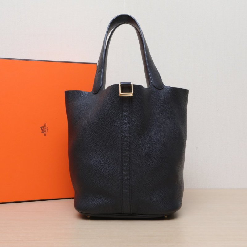 HERMES Picotin26菜籃子89黑色TC皮C刻金扣肩背包-0