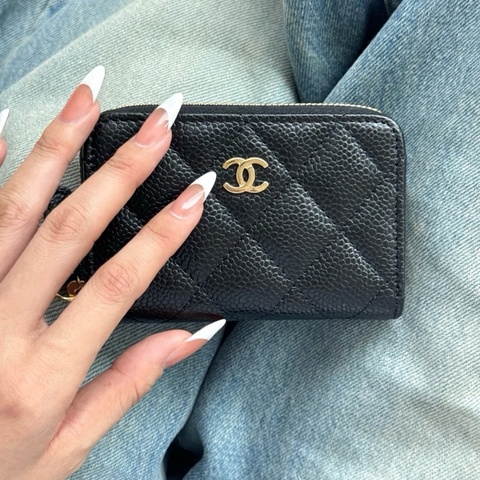 💖 Chanel 拉鍊零錢包 黑色金釦 荔枝皮💖 全新全配