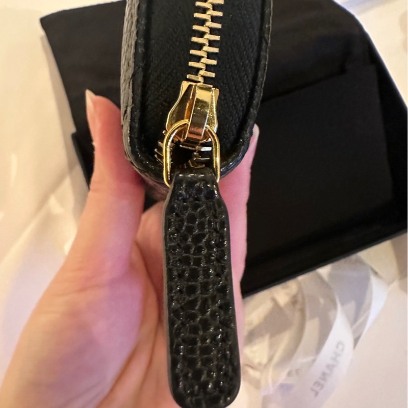 💖 Chanel 拉鍊零錢包 黑色金釦 荔枝皮💖 全新全配-4