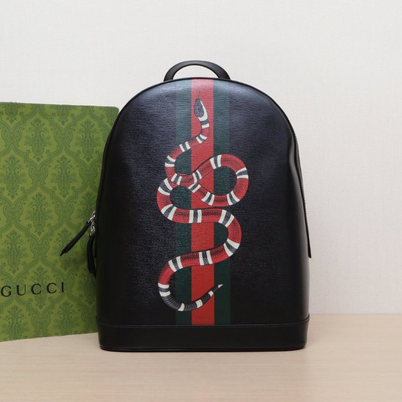 GUCCI 黑色牛皮銀扣蛇年印花雙肩包肩背包-0