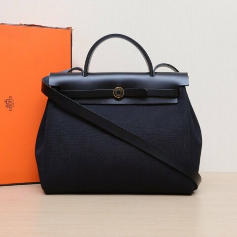 HERMES Herbag3189黑色帆布/Hunter牛皮K2025金扣肩背包