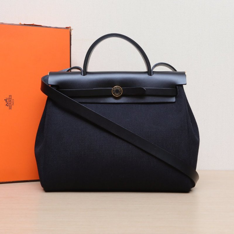 HERMES Herbag3189黑色帆布/Hunter牛皮K2025金扣肩背包-0