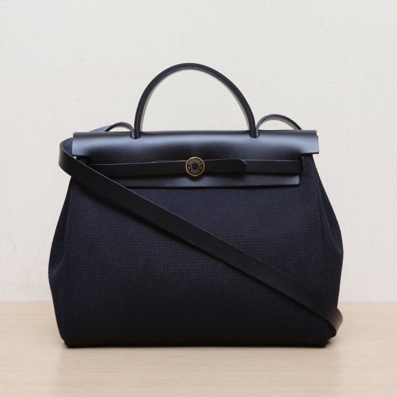 HERMES Herbag3189黑色帆布/Hunter牛皮K2025金扣肩背包-1