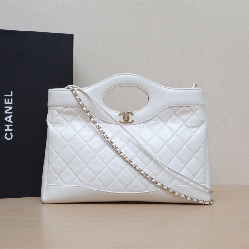 CHANEL 31Bag中號橫版36白色羊皮晶片開淺金扣肩背包-0