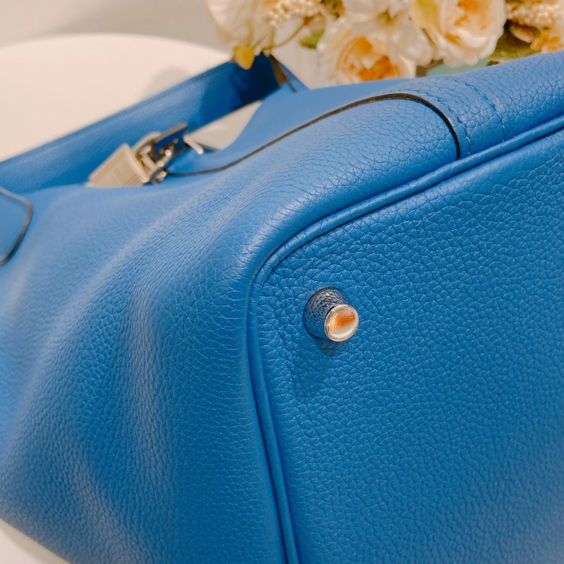 TW4577 Hermes 愛馬仕菜籃子 琉璃藍 銀扣 皮部位極新 Picotin 18 TC-5