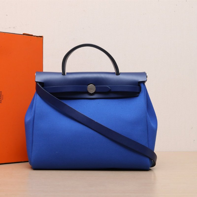 HERMES Herbag31I7琉璃藍拼73寶石藍帆布/Hunter牛皮Z刻銀扣肩背包-0