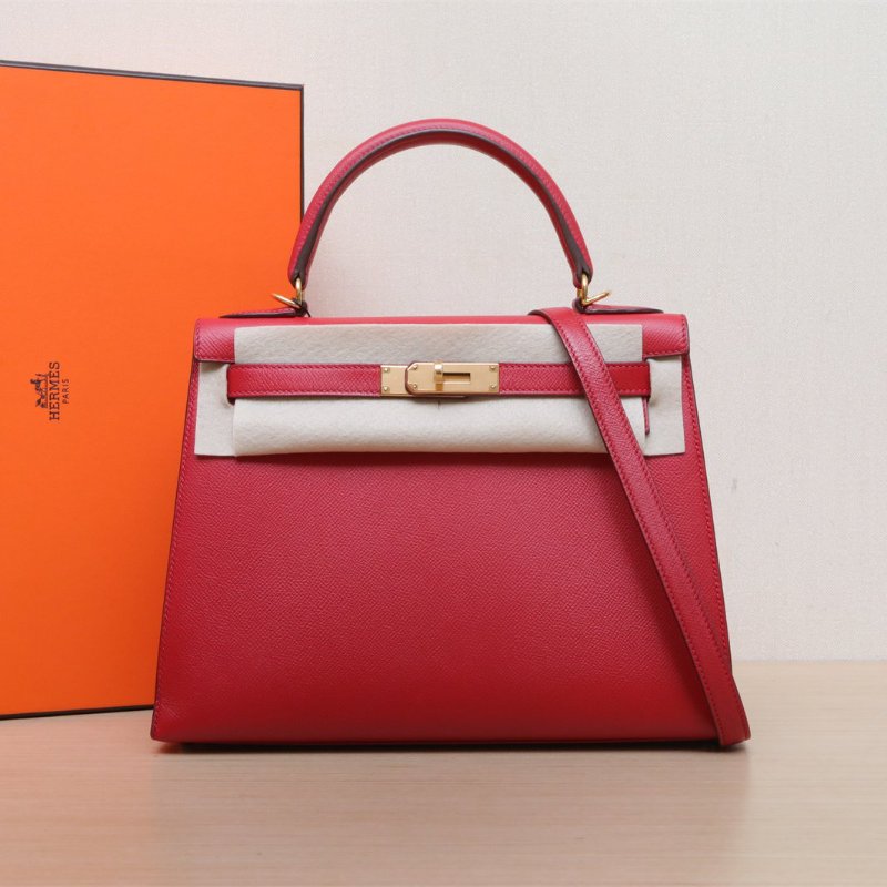HERMES Kelly28Q5國旗紅Epsom皮A刻金扣肩背包-0