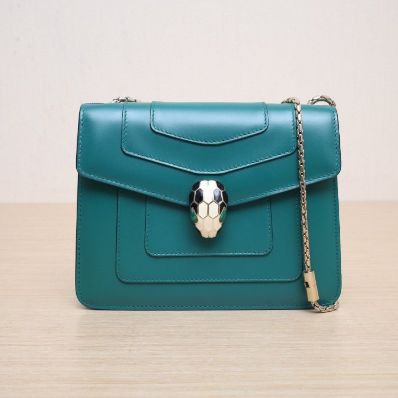 BVLGARI SerpentiForever鏈條蛇頭包方版20綠色牛皮肩背包-0