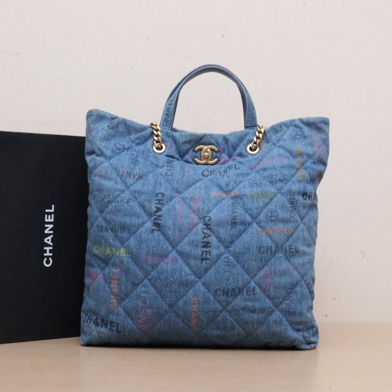 CHANEL 22PTote購物袋Logo印花鏈條肩帶牛仔藍牛仔晶片開金扣肩背包-0