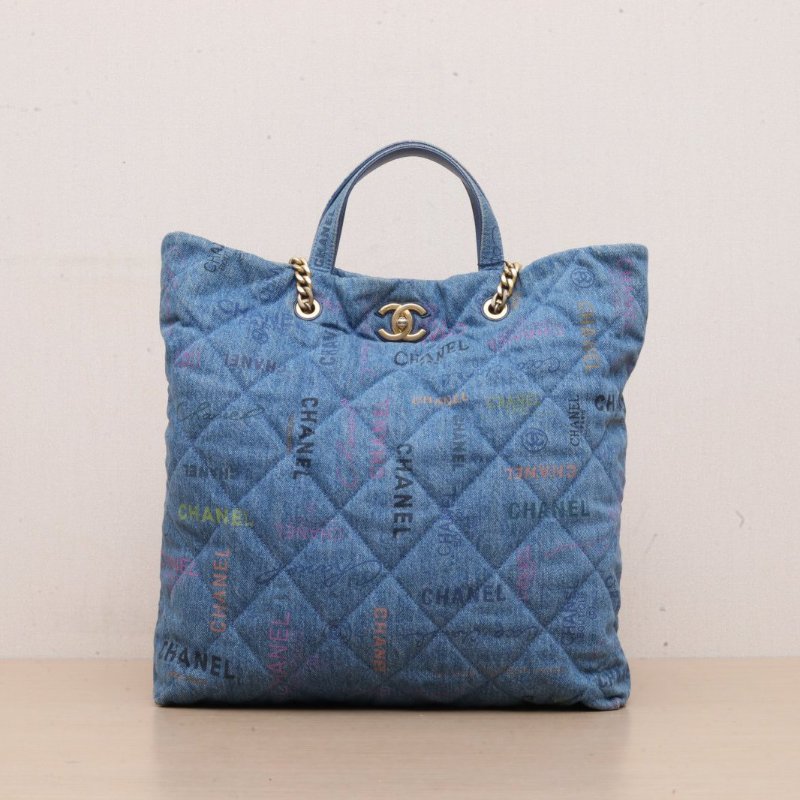 CHANEL 22PTote購物袋Logo印花鏈條肩帶牛仔藍牛仔晶片開金扣肩背包-1
