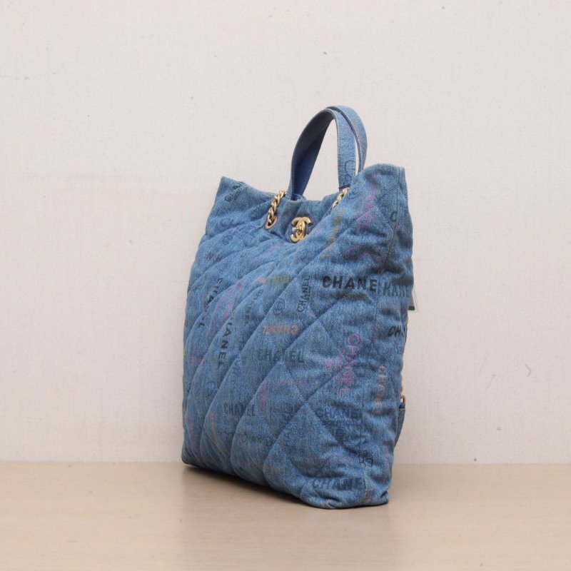 CHANEL 22PTote購物袋Logo印花鏈條肩帶牛仔藍牛仔晶片開金扣肩背包-4