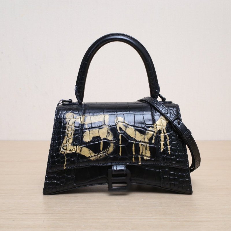 BALENCIAGA Hourglass沙漏S碼鱷魚壓紋黑色牛皮肩背包-1