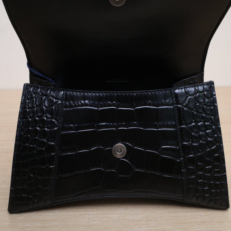 BALENCIAGA Hourglass沙漏S碼鱷魚壓紋黑色牛皮肩背包-3