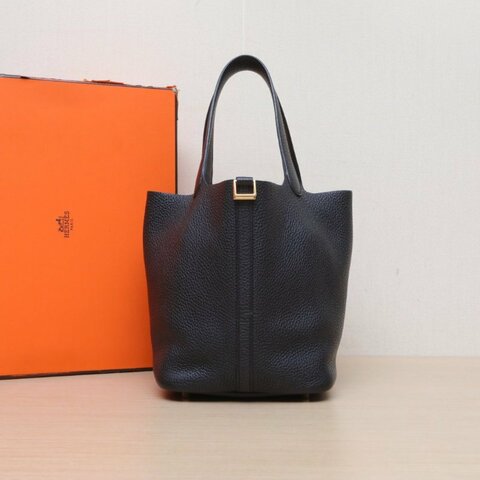 HERMES Picotin22菜籃子89黑色TC皮Z刻金扣肩背包