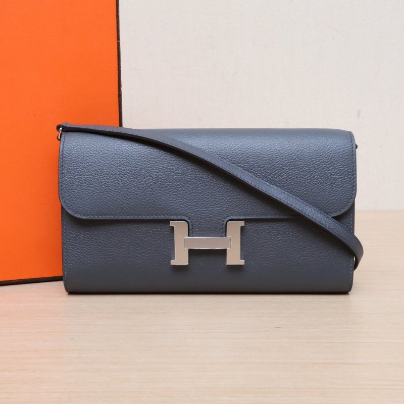 HERMES Constance康康LONGTOGO肩帶長款錢包H0朦朧灰EC皮W刻銀扣肩背包-0