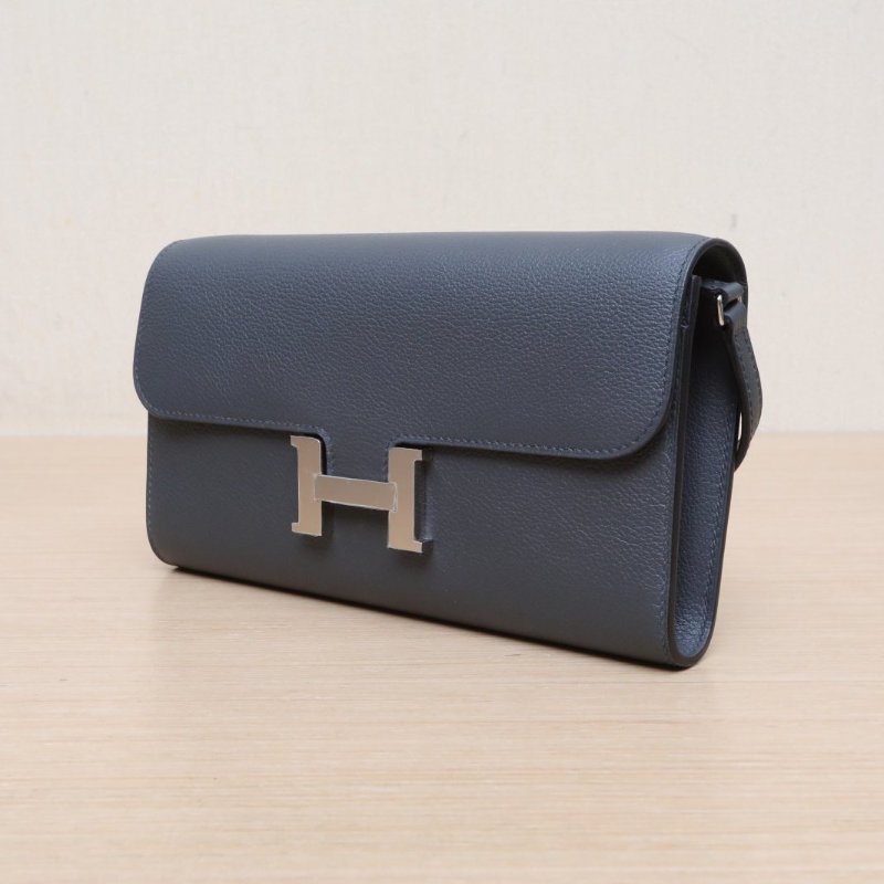 HERMES Constance康康LONGTOGO肩帶長款錢包H0朦朧灰EC皮W刻銀扣肩背包-2