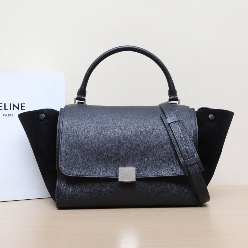 CELINE Trapeze秋千包中號30黑色牛皮銀扣肩背包-0