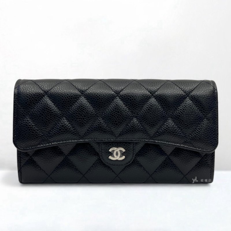 CHANEL 黑色荔枝皮銀釦下蓋長夾AP0241-0