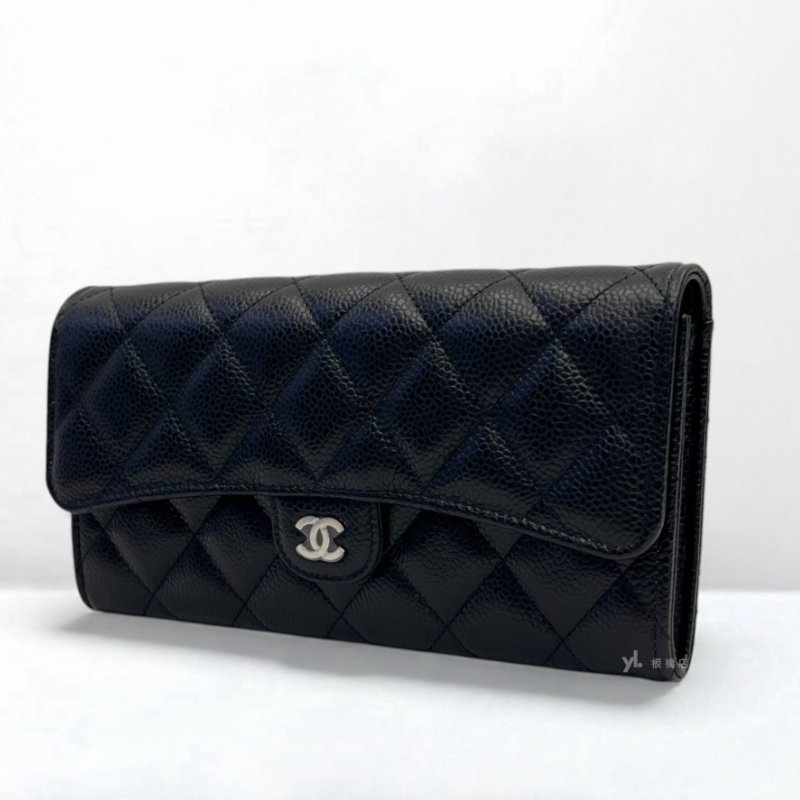 CHANEL 黑色荔枝皮銀釦下蓋長夾AP0241-2